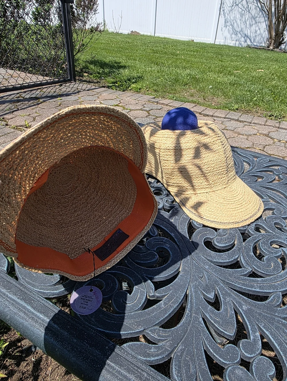 2 Lola Hats Straw Baseball Caps with Colorful Pom-Poms - Orange & Blue